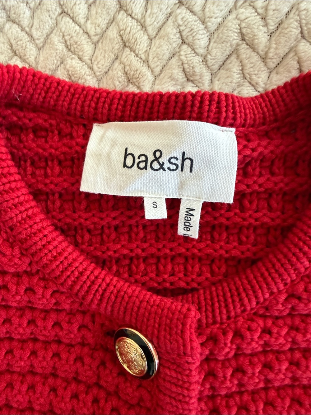 ba&sh Bright Red Textured Knit Cardigan with Gold Buttons - Picture 3 of 3
